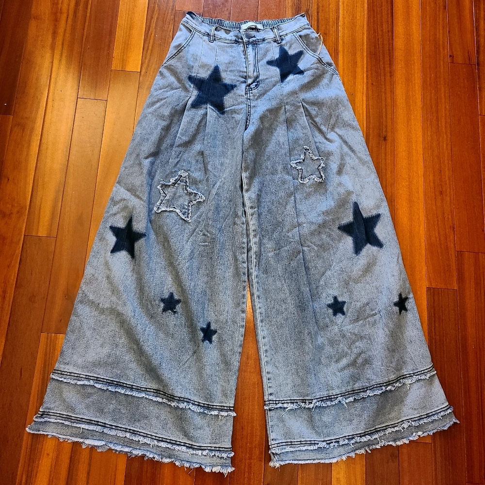 Blue Velvet Barrel Super Flare-Leg Denim Pants w/Star Details Sz:M Boho Festival - Picture 1 of 12